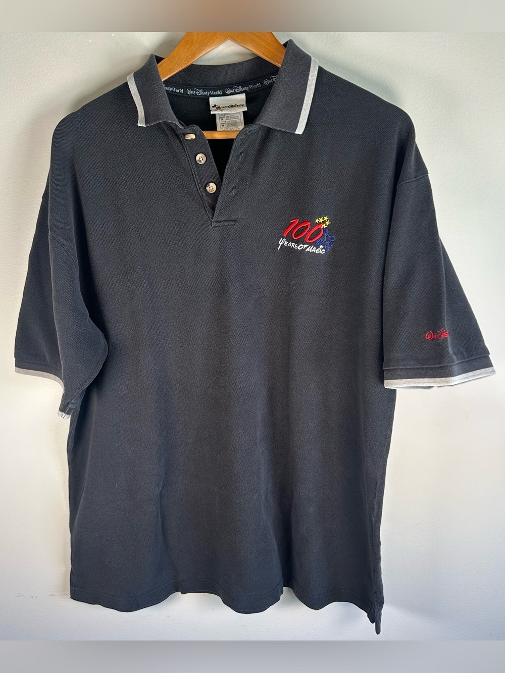 Vintage Walt Disney World Men’s Polo Shirt Sz M Faded Black 100 Years Of Magic